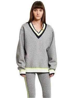 Opening Ceremony Gray V-Neck Sweater with Neon Yellow and Navy Trim